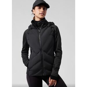 Women's XSS ATHLETA Inlet Jacket Black Down Puffer Knit Sleeves Hooded Zip
